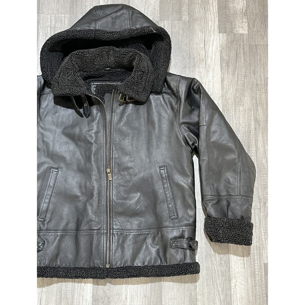 Women's Leather Limited BlackLeather Coat With Hood Faux Fur Size Extra Large - Picture 3 of 9